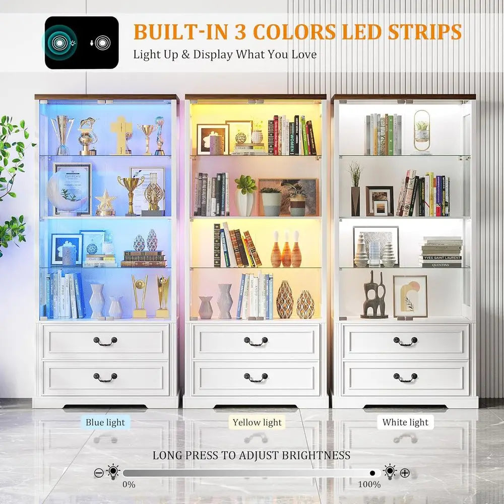 67 Glass Door Adjustable Shelving Display Cabinet with 2 Drawers, 4 Tiers, LED Lights & Motion Sensor, White