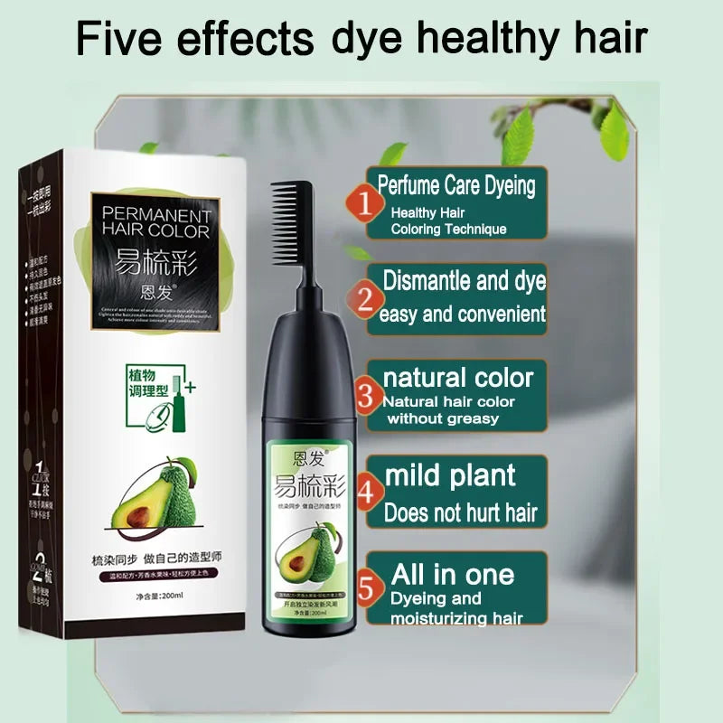 200ML Avocado Essence Hair Dye Shampoo Beauty Nourishes Long Lasting Hair Coloring Cream Care for Men Women Home Salon with Comb