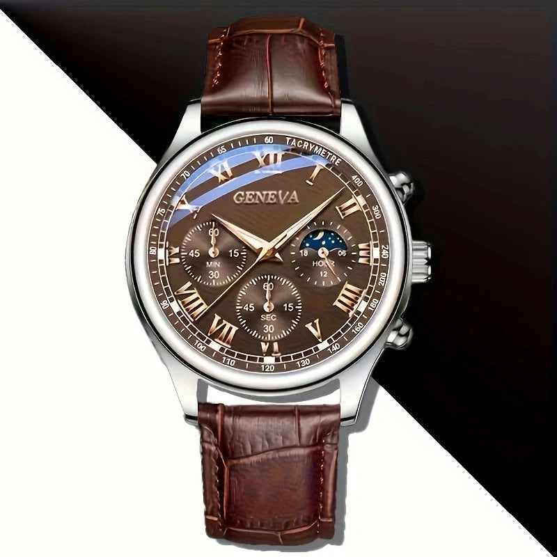 GENEVA High Quality Men's Luxury Belt Fashion Quartz Watch Men Round Business Student Sport Waterproof Glow Clock