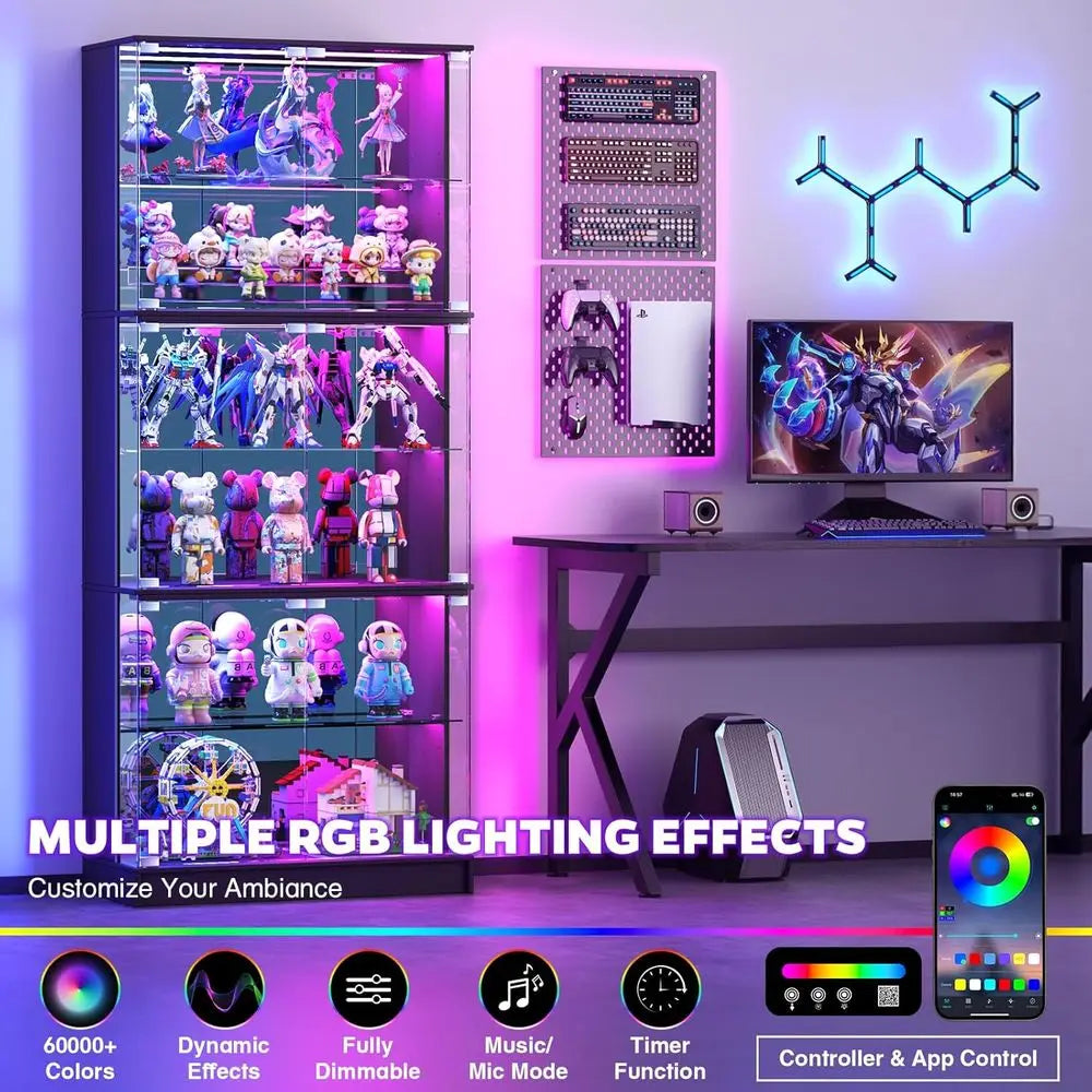 6-Tier 71 Tall Glass Curio Cabinet with RGB Lights, Adjustable Shelves, Sensor Lighting, and Mirror Backing