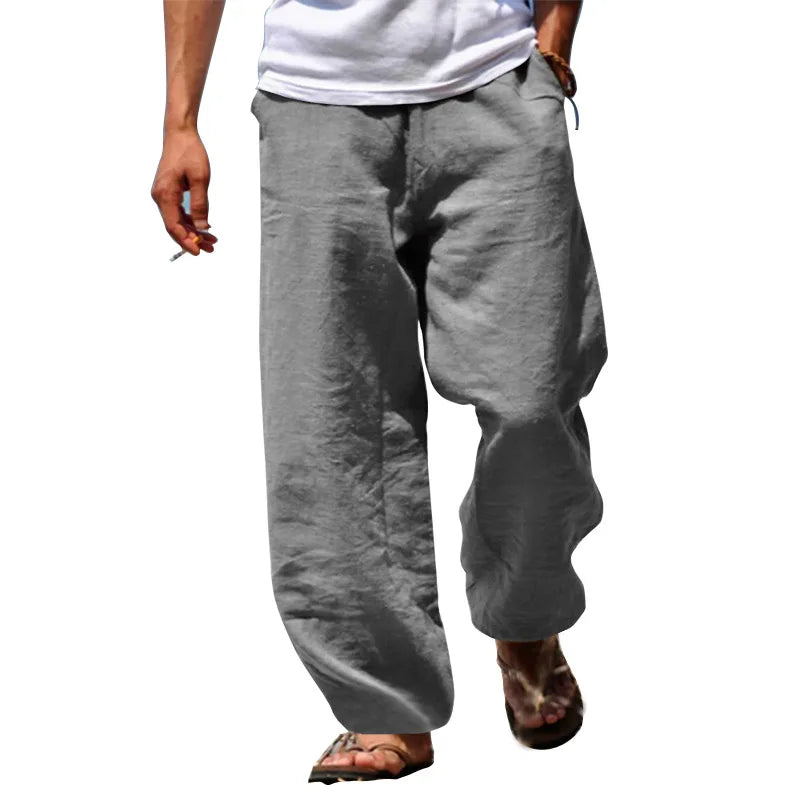 2024 New Men's Cotton Linen Pants Loose Autum Casual Pants Male Breathable Solid Color Drawstring Jogger Yoga Long Trousers