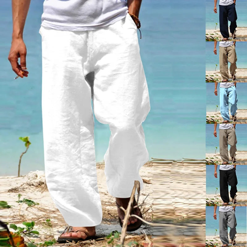 2024 New Men's Cotton Linen Pants Loose Autum Casual Pants Male Breathable Solid Color Drawstring Jogger Yoga Long Trousers