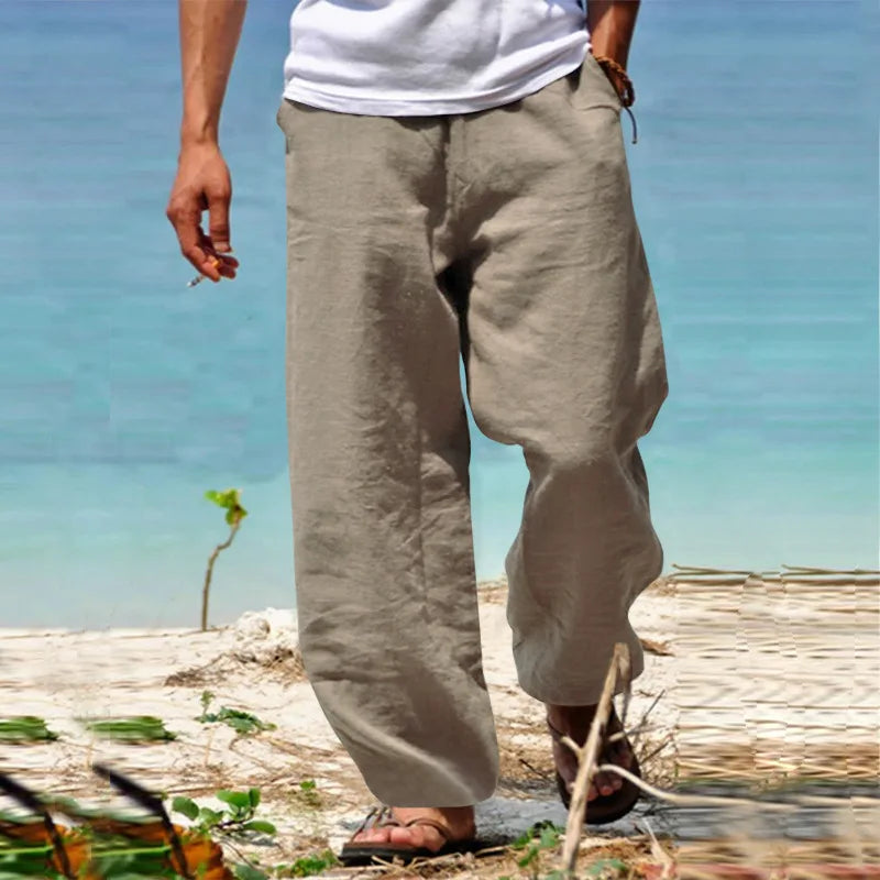 2024 New Men's Cotton Linen Pants Loose Autum Casual Pants Male Breathable Solid Color Drawstring Jogger Yoga Long Trousers