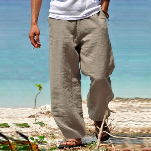 2024 New Men's Cotton Linen Pants Loose Autum Casual Pants Male Breathable Solid Color Drawstring Jogger Yoga Long Trousers