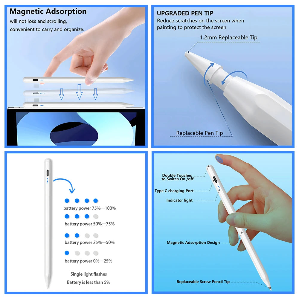 Stylus Pen For Apple Pencil with LED Power Indicators Palm Rejection Touch Pen For 2025 2022 2021 2020 2019 2018 iPad Pencil