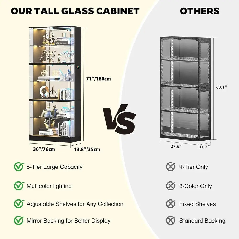 6-Tier 71 Tall Glass Curio Cabinet with RGB Lights, Adjustable Shelves, Sensor Lighting, and Mirror Backing