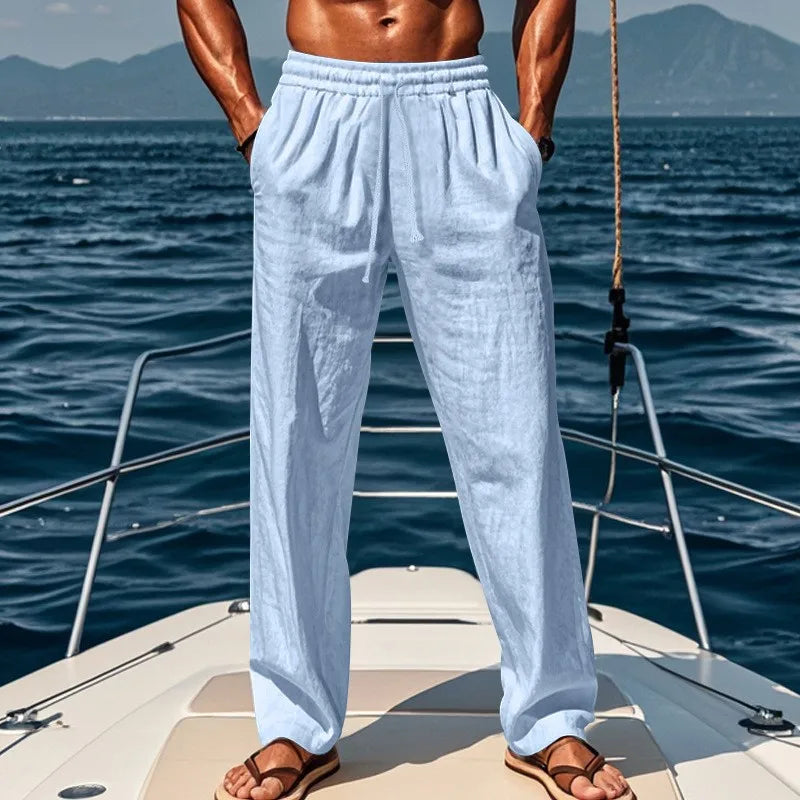 2024 New Men's Cotton Linen Pants Loose Autum Casual Pants Male Breathable Solid Color Drawstring Jogger Yoga Long Trousers