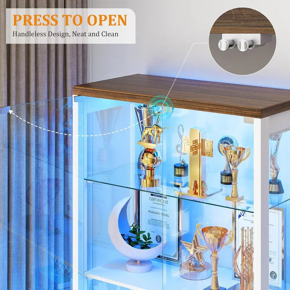 67 Glass Door Adjustable Shelving Display Cabinet with 2 Drawers, 4 Tiers, LED Lights & Motion Sensor, White