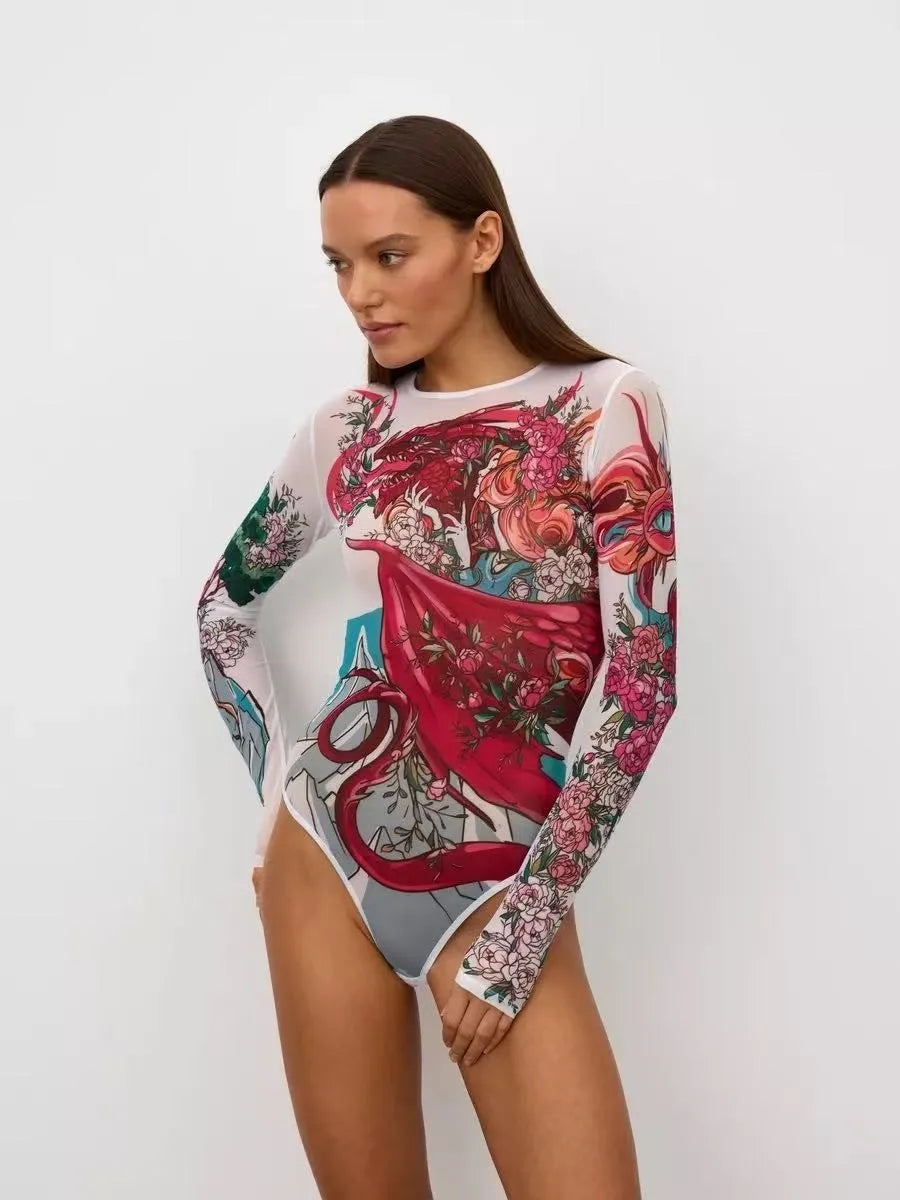 Long Sleeve Swimsuit Printed Sheer Mesh Swimwear Geometric Print Tribal Pattern Bathing Suit Red Orange High Neck Bodysuit
