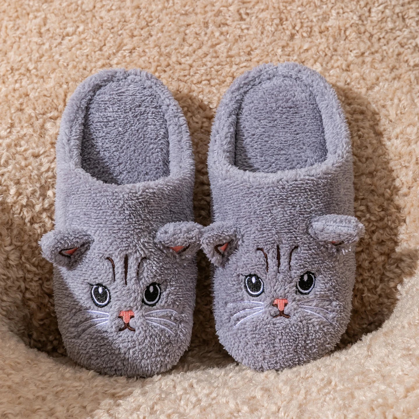 Non-Slip Soft Plush Cat Slippers for Women Men Unisex Warm Fleece House Slippers Indoor Floor Shoes Autumn Winter Home Comfort