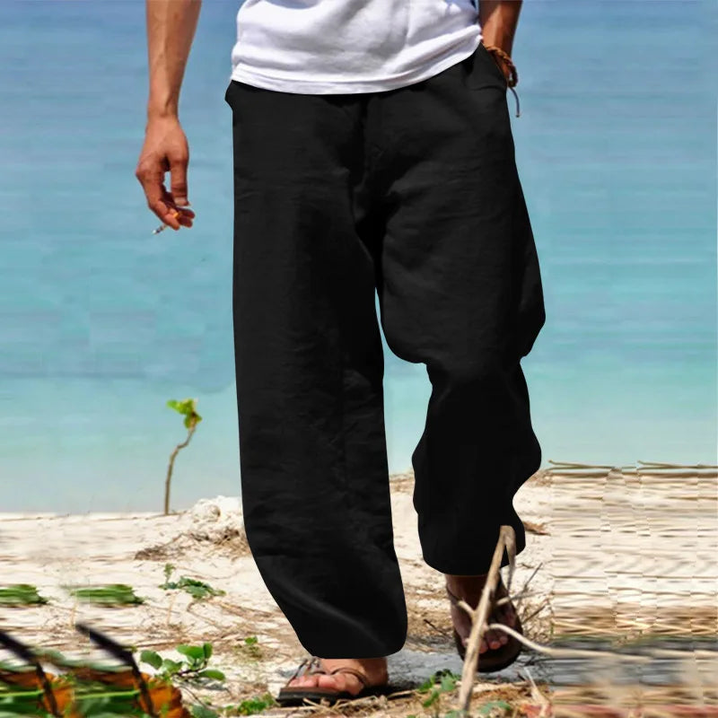 2024 New Men's Cotton Linen Pants Loose Autum Casual Pants Male Breathable Solid Color Drawstring Jogger Yoga Long Trousers