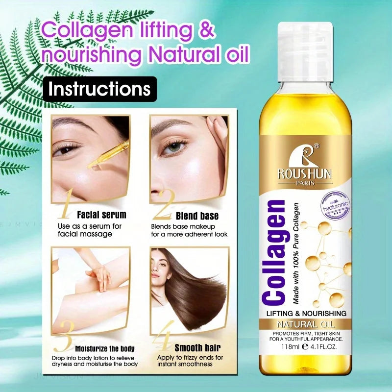 118ml Collagen Facial Essence Oil Body Massage Oil Nourishing Natural Body Oil, Moisturizing Skin Care and Hair Essence, Smooth Skin, Firming Massage and Hair Care