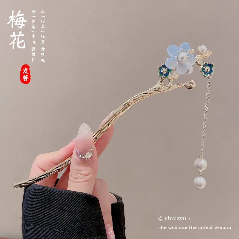 Elegant Chinese Style Hair Clip Tassel Hair Stick Traditional Floral Design Hairstyle Accessory Women Jewelry Hairpin Hairneedle
