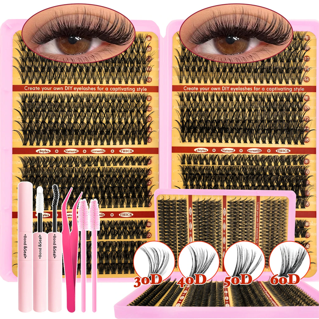 720/200pcs eyelash Extension Kit Fluffy Eyelash Extension kit with Lash Bond and Seal Lash Tweezers Thick Lash Clusters Wispy