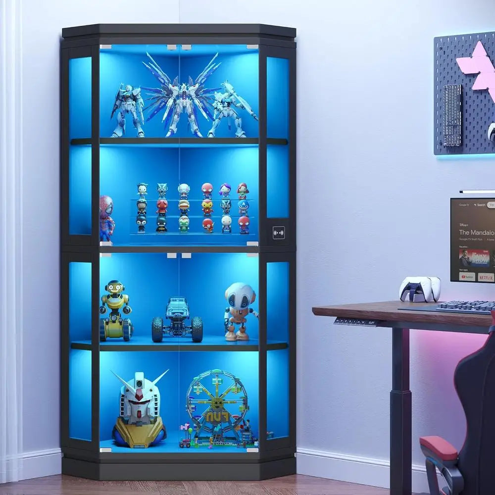 67 Tall 4-Tier Glass Display Cabinet with RGB Lights and Human Body Sensor for Living/Gaming Room, Black