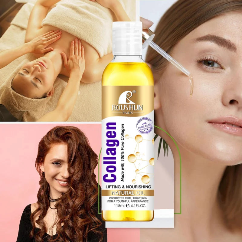 118ml Collagen Facial Essence Oil Body Massage Oil Nourishing Natural Body Oil, Moisturizing Skin Care and Hair Essence, Smooth Skin, Firming Massage and Hair Care