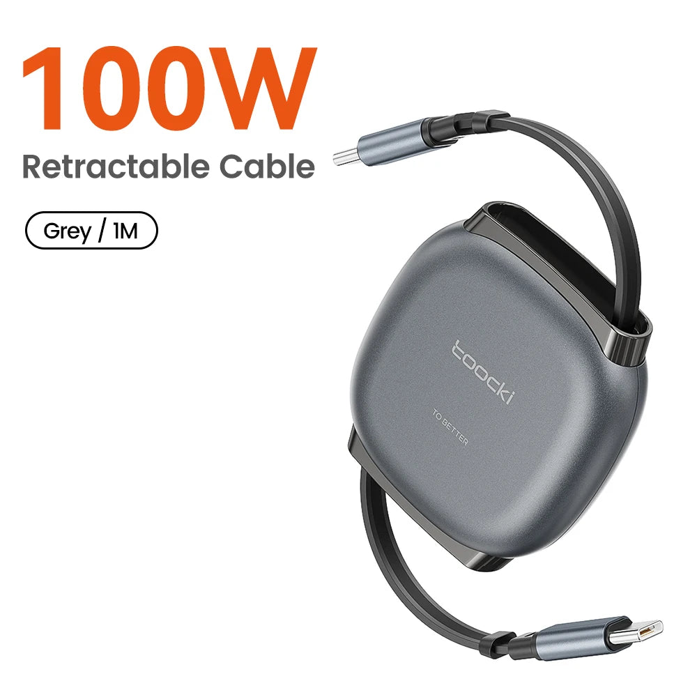 Toocki 100W Type C Retractable Cable For iphone 16 15 Pro Max Samsung Fast Charger Cable Mini Size 480Mbps Data Cable