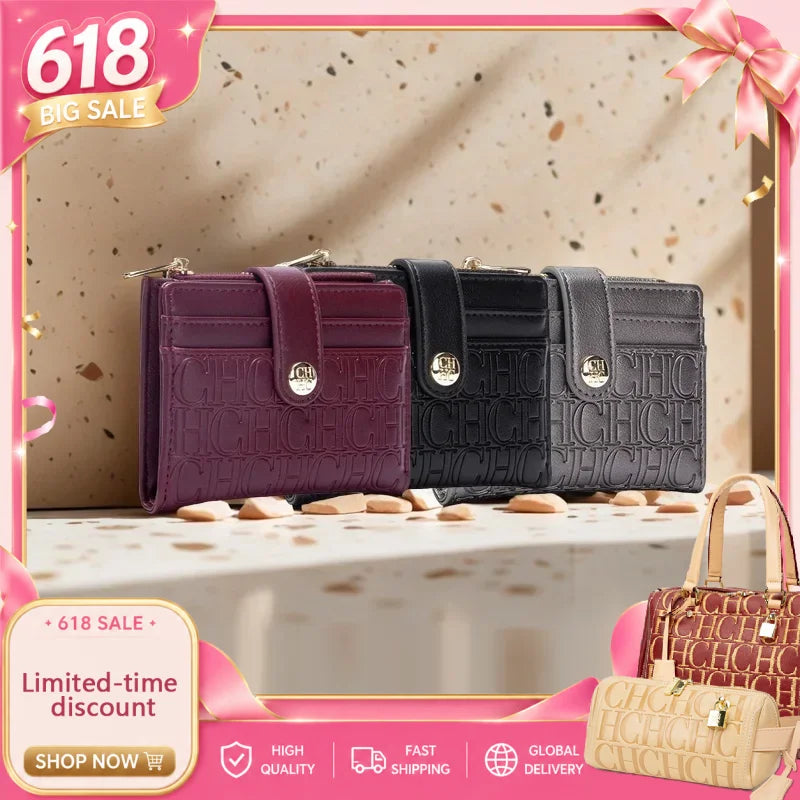CH Luxury Brand Retro Design Business Card Bag Fashion Button Classic Folding Wallet Compact and Lightweight Women's Square Bag