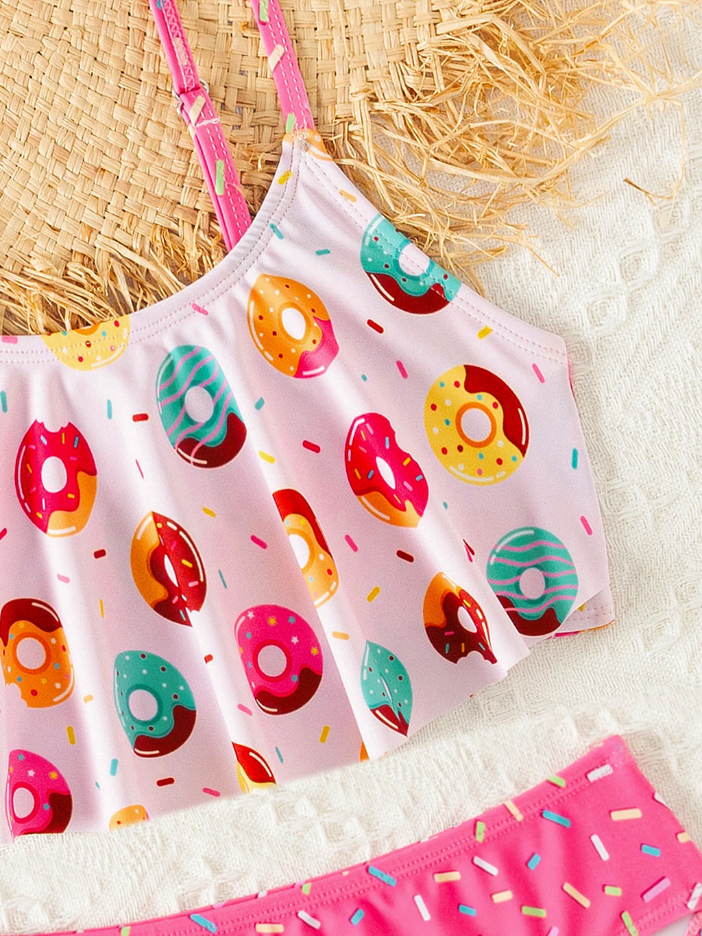 Donut Print Ruffle Girls 2 Piece Bikini Set Adjustable Cute Bathing Suit Kids Summer Beach Outdoor Pool Vacation Swimwear