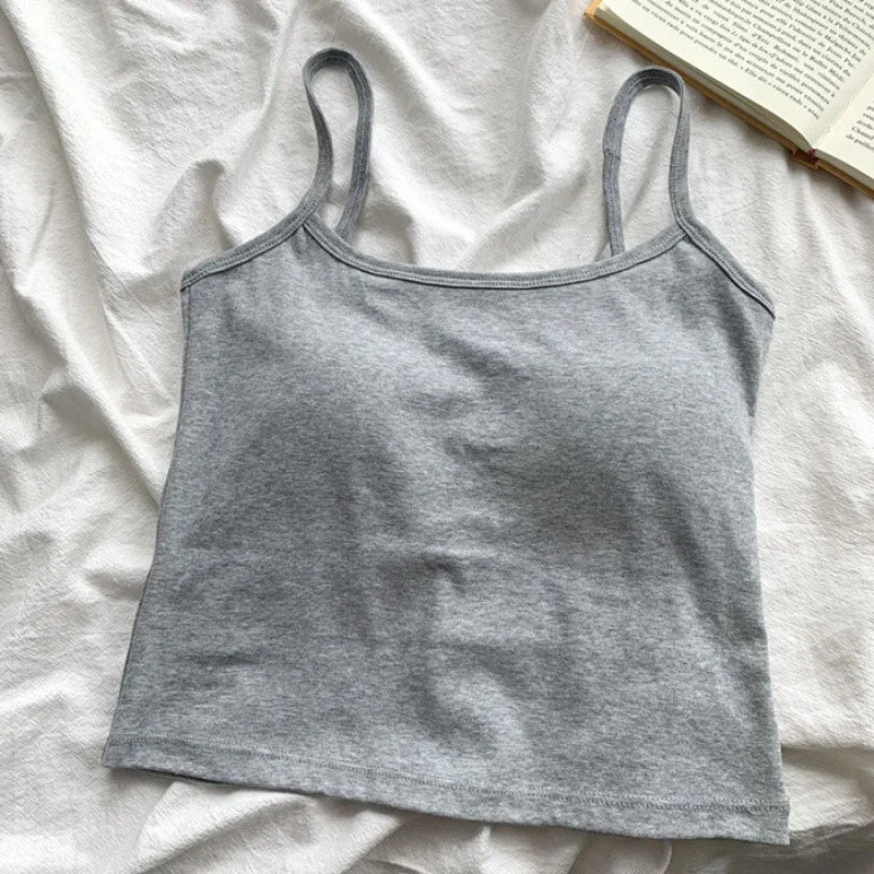 Tank Top Simple Spaghetti Straps Camisole Cotton Korean Style Chest Pad Camisole Solid Color Bottoming Shirt Sling Vest Women