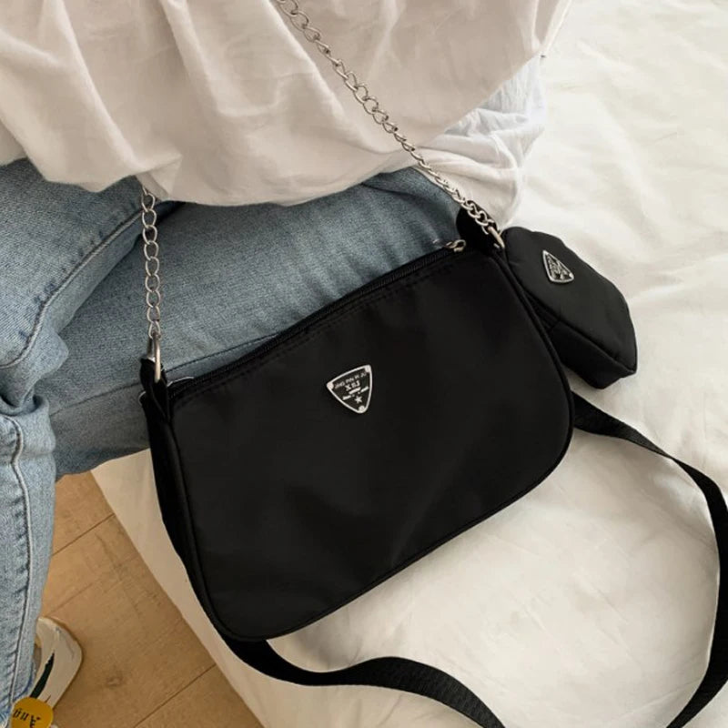 2-Piece Nylon Shoulder Bag Set: Chic Solid Color Handbags with Chain Strap for Daily Use & Travel