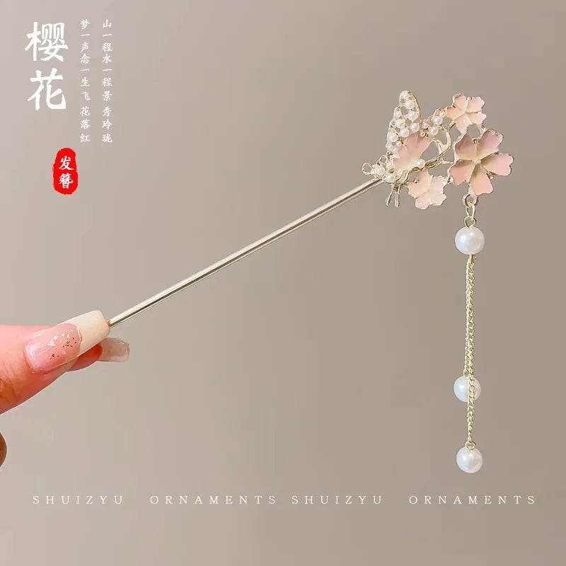 Elegant Chinese Style Hair Clip Tassel Hair Stick Traditional Floral Design Hairstyle Accessory Women Jewelry Hairpin Hairneedle