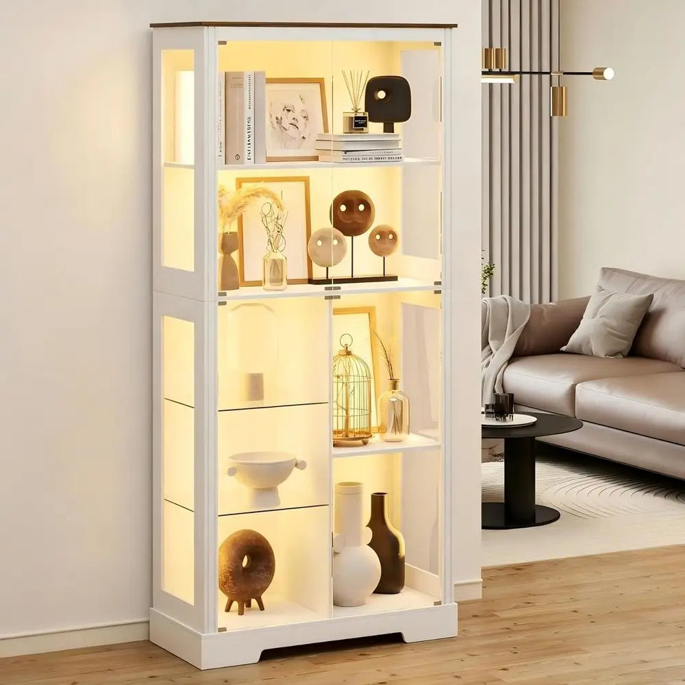 7-Tier Glass Display Cabinet with Human Body Sensor, 3 Color Lights for Collectibles and Living Room (White)