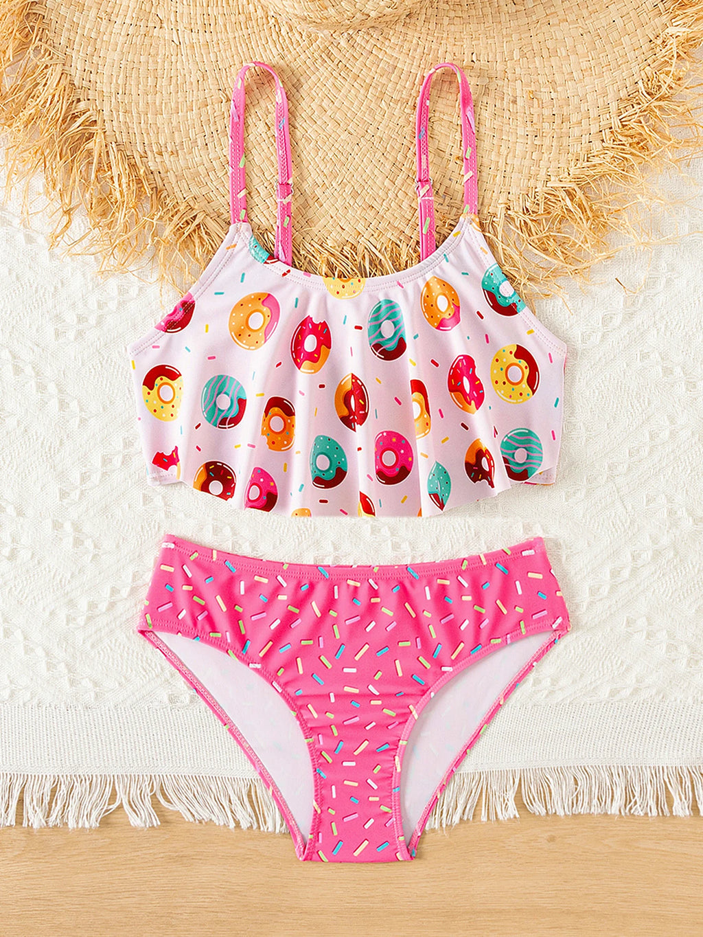 Donut Print Ruffle Girls 2 Piece Bikini Set Adjustable Cute Bathing Suit Kids Summer Beach Outdoor Pool Vacation Swimwear