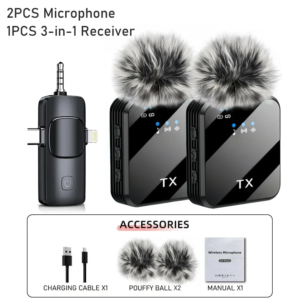 Wireless Lavalier Microphone Noise Cancelling Clip On Mic Rechargeable For IOS Android Podcast Vlog Live Recording