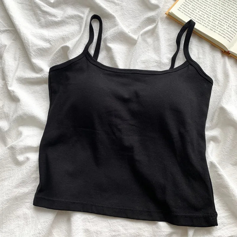 Tank Top Simple Spaghetti Straps Camisole Cotton Korean Style Chest Pad Camisole Solid Color Bottoming Shirt Sling Vest Women