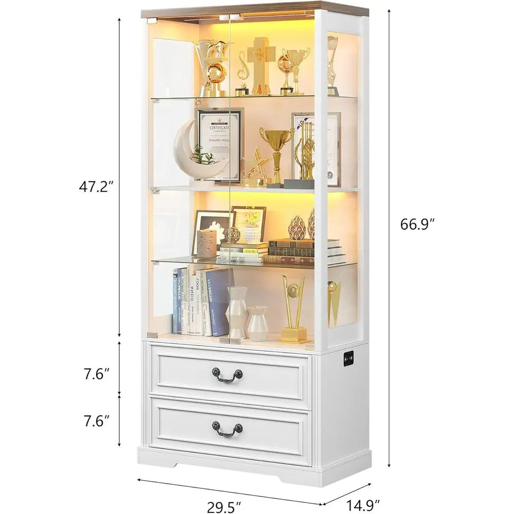 67 Glass Door Adjustable Shelving Display Cabinet with 2 Drawers, 4 Tiers, LED Lights & Motion Sensor, White