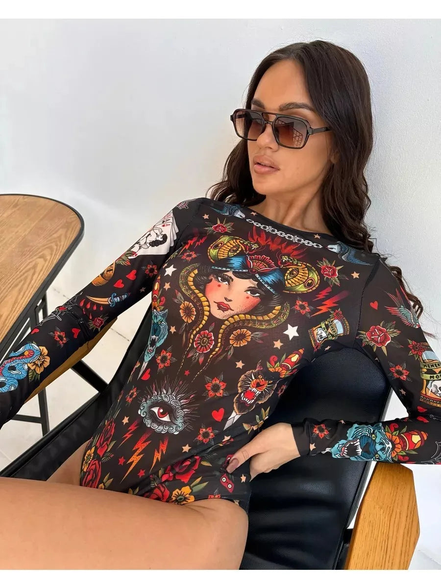 Long Sleeve Swimsuit Printed Sheer Mesh Swimwear Geometric Print Tribal Pattern Bathing Suit Red Orange High Neck Bodysuit