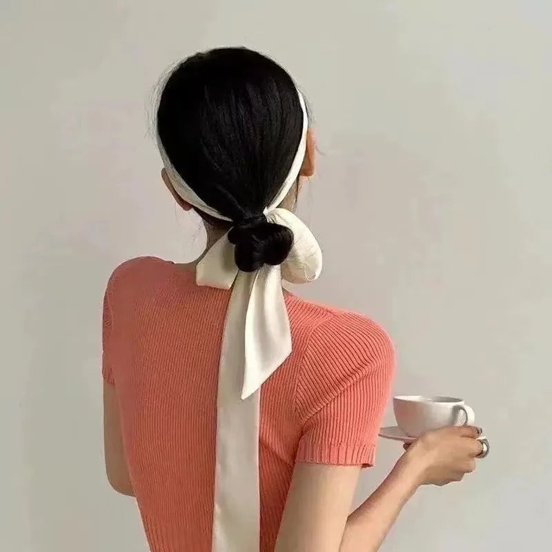 Korean Style 190*5cm Women Plain Chiffon Silk Scarf Solid Color Long Hairband Versatile Decorative Streamer Bag Tie Satin Ribbon