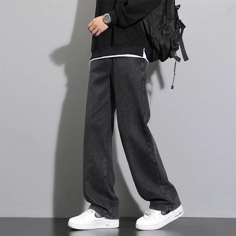 2026 New Korean Men's Casual Long Jeans Classic Man Straight Denim Wide-leg Pants Solid Color Light Blue Grey Black