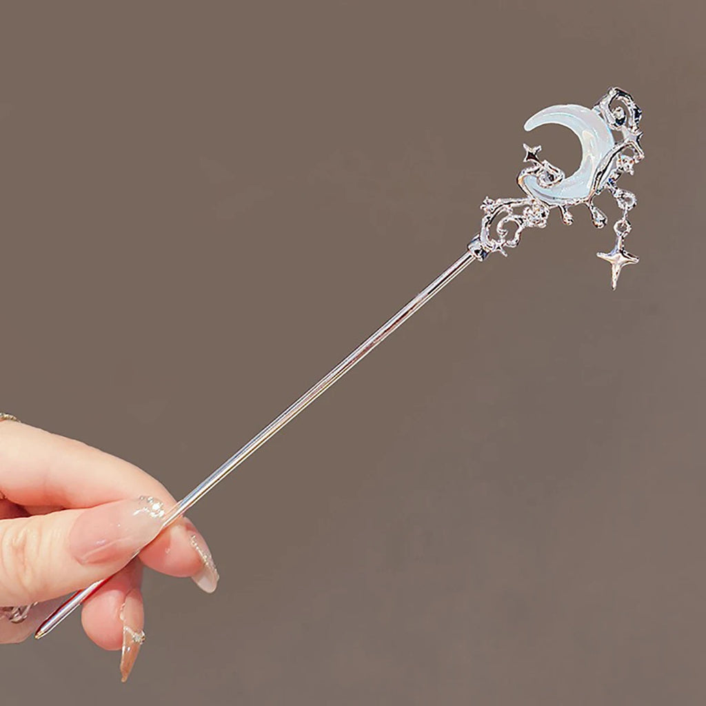 Vintage Moonstone Star Moon Hair Sticks for Women Chinese Style Cross Tassel Hairpin Disk Hair Chopsticks Hair Accessories