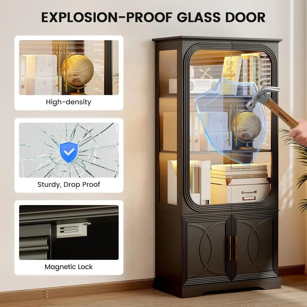 69 Tall Glass Display Cabinet with LED Lights, Storage and Pantry Solutions for Home Office | Black