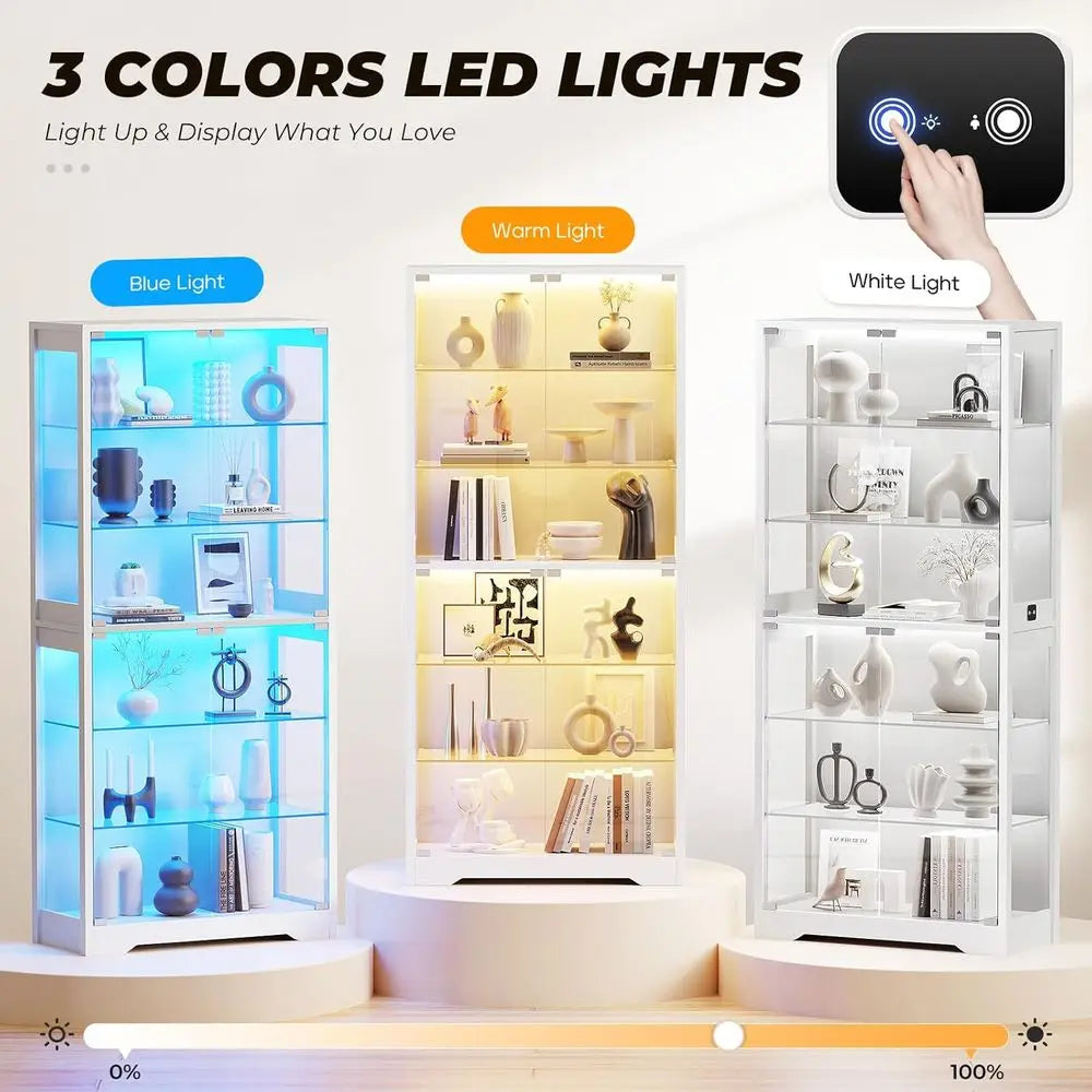 71 6-Tier Glass Door Display Cabinet with 3 Color Lights, Adjustable Shelves, Human Body Sensor, White