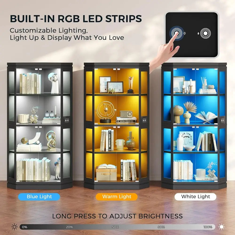 67 Tall 4-Tier Glass Display Cabinet with RGB Lights and Human Body Sensor for Living/Gaming Room, Black
