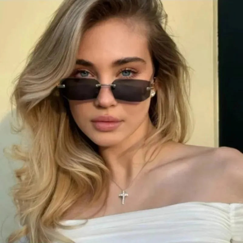 Rimless Rectangle Sunglasses, UV400 Protection Y2K Frameless Sun Glasses, Retro Eyewear for Women & Men