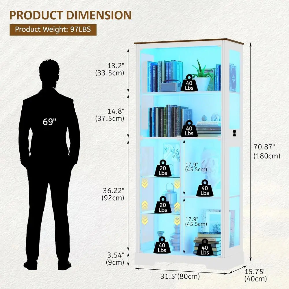 7-Tier Glass Display Cabinet with Human Body Sensor, 3 Color Lights for Collectibles and Living Room (White)