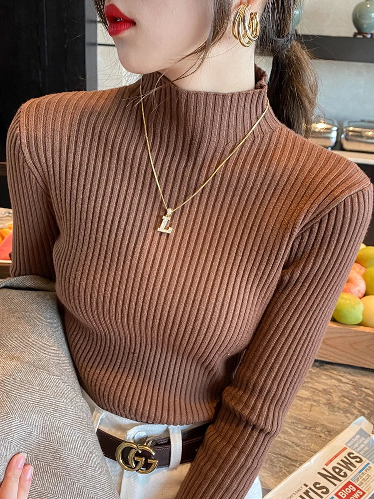 New Women's Elegant Solid Basic Knitted Tops Women Turtlneck Sweater Long Sleeve Casual Slim Pullover Fashion Simple Chic Tops