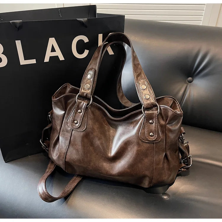 Retro Large Capacity PU Shoulder Bag for Women, Classic Solid Color Crossbody Tote Bag with Roomy Style
