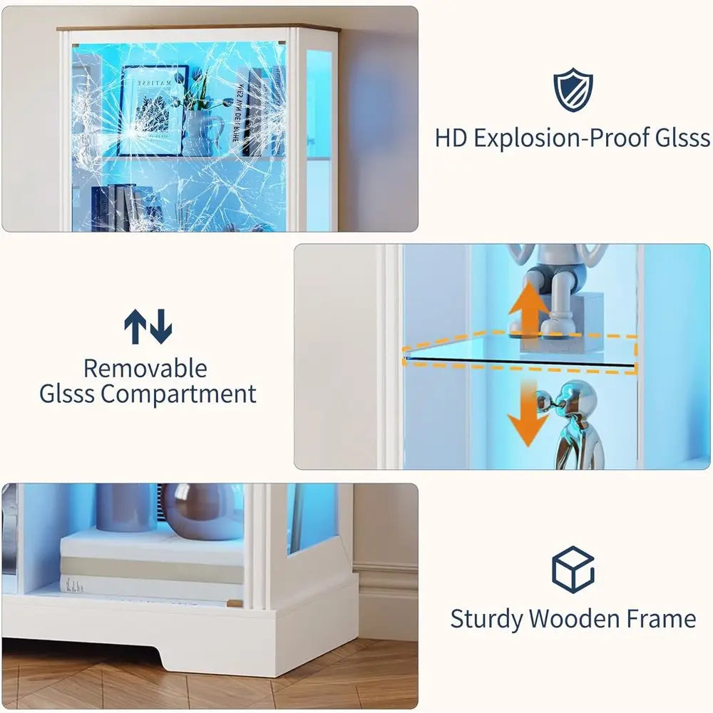 7-Tier Glass Display Cabinet with Human Body Sensor, 3 Color Lights for Collectibles and Living Room (White)