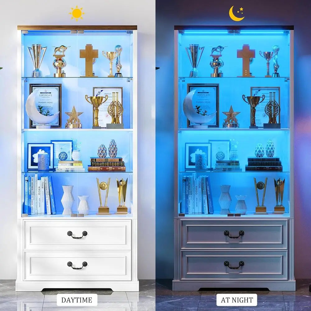 67 Glass Door Adjustable Shelving Display Cabinet with 2 Drawers, 4 Tiers, LED Lights & Motion Sensor, White