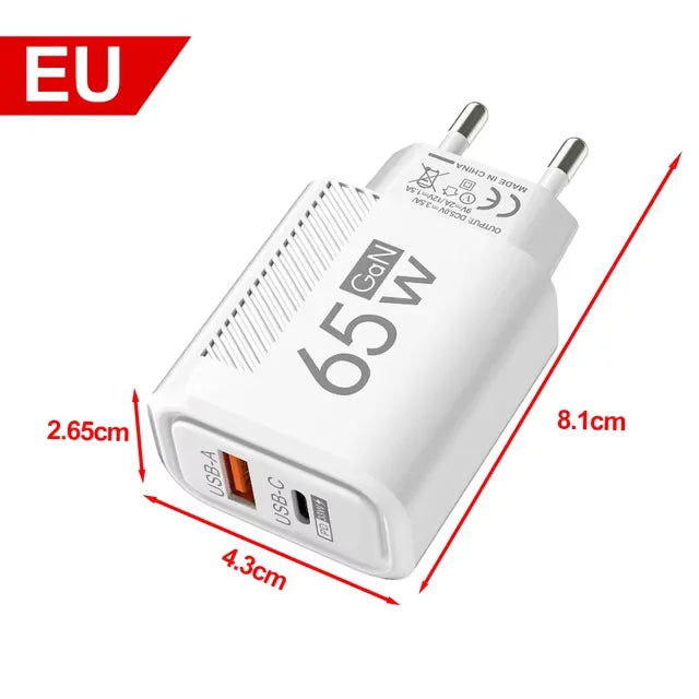 Total 65W USB GaN Charger Quick Charge Mobile Phone Adapter For iPhone Samsung Xiaomi Huawei QC3.0 USB Type C Wall Quick Charger