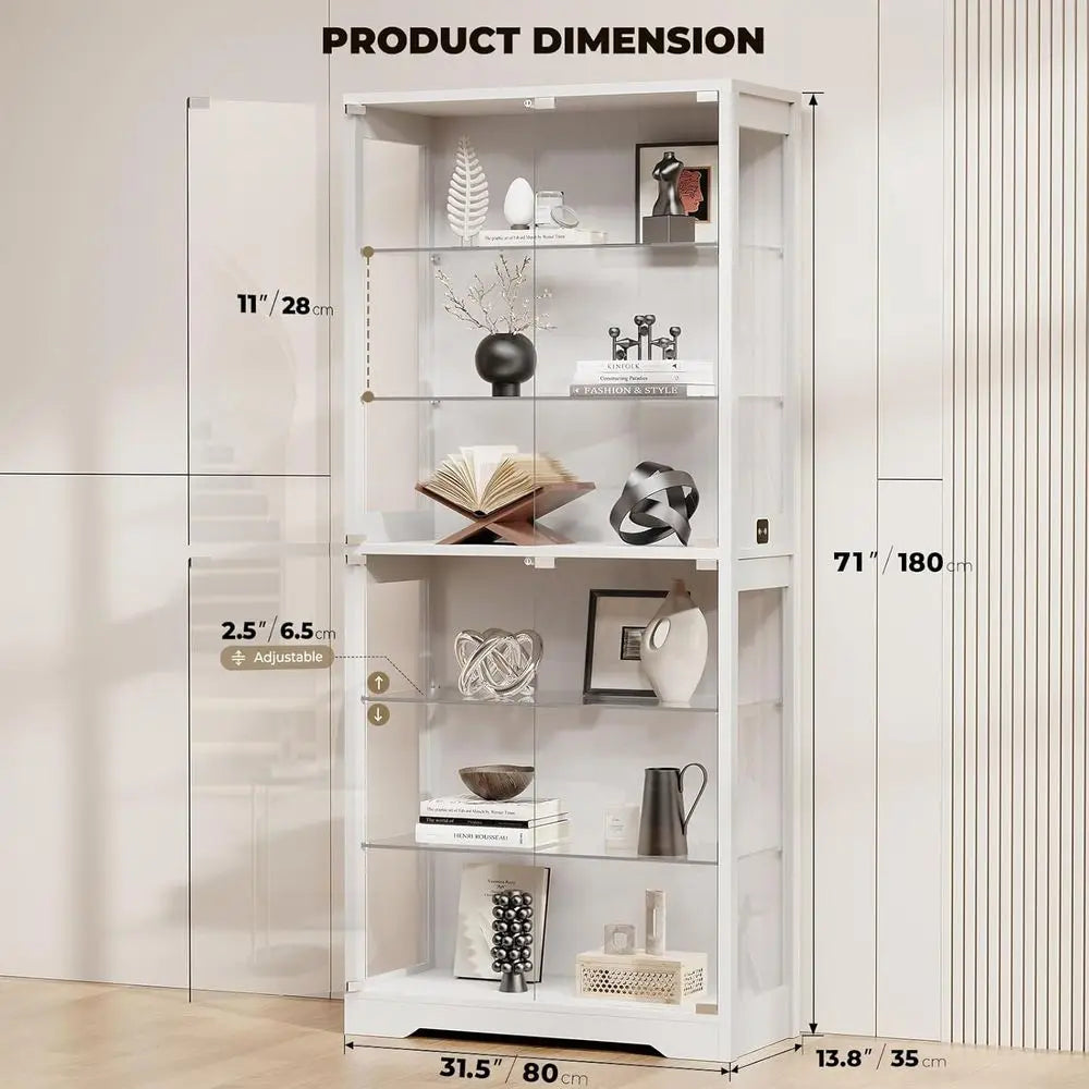 71 6-Tier Glass Door Display Cabinet with 3 Color Lights, Adjustable Shelves, Human Body Sensor, White
