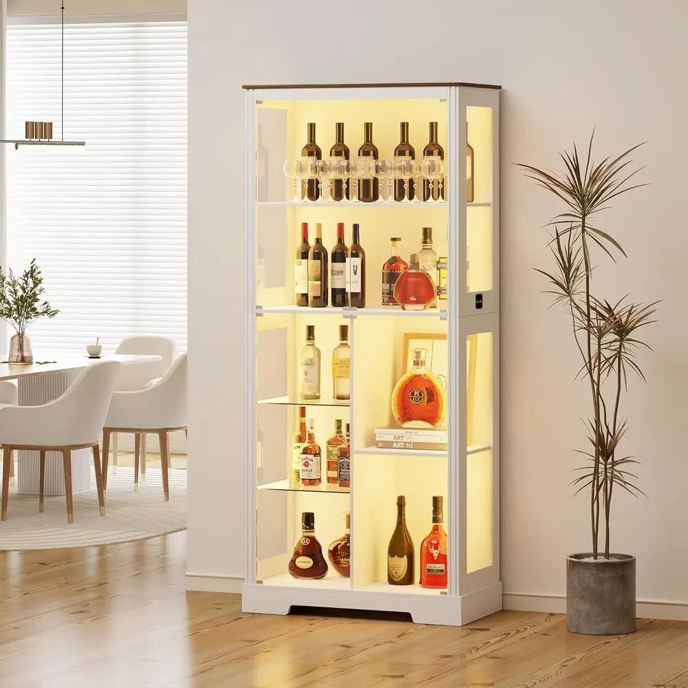 7-Tier Glass Display Cabinet with Human Body Sensor, 3 Color Lights for Collectibles and Living Room (White)