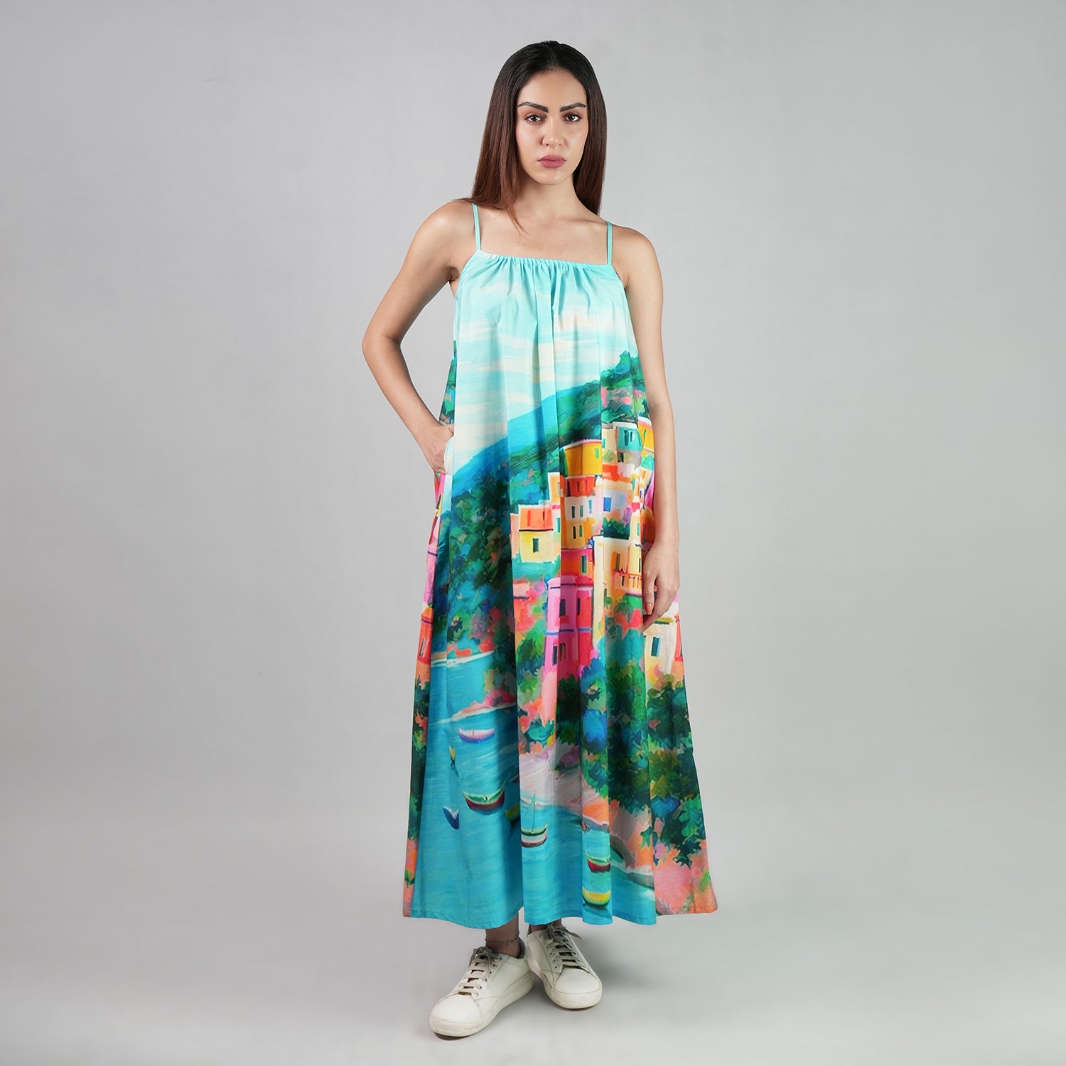 La Dolce Riviera Mediterranean Print Maxi Dress With Pockets - Multicolor-0