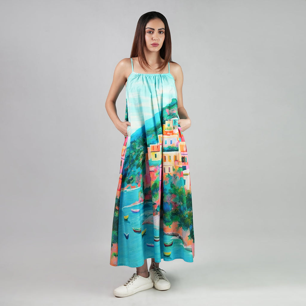 La Dolce Riviera Mediterranean Print Maxi Dress With Pockets - Multicolor-1