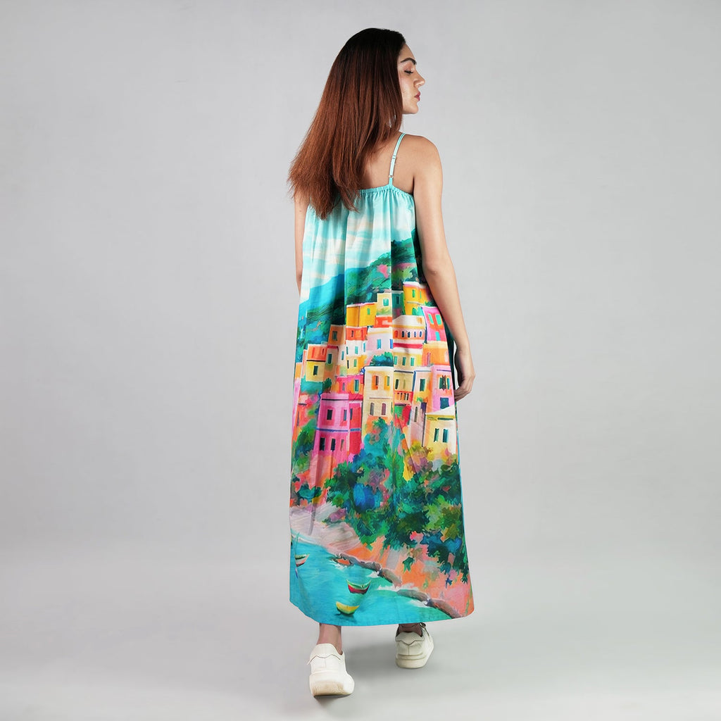 La Dolce Riviera Mediterranean Print Maxi Dress With Pockets - Multicolor-2